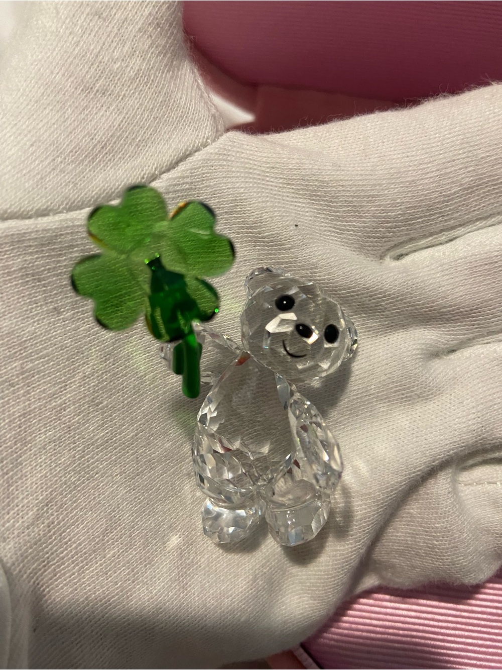 Crystal Swarovski Kris Bear Figurine with Green Four-Leaf Clover